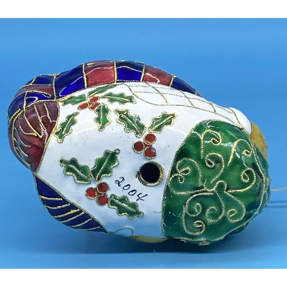 Hand Painted Cloisonne, Bkd Enamel SNOWMAN Ornament W/Xmas Tree/ Hat/Carrot Nose